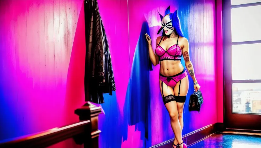 A gorgeous transgender woman (m2f) wearing the classic v for vendetta anonymous mask her full body in the image, transgender symbol in the background, lots of pink and blue, vibrant, vivid, art, realistic, fantasy, HDR, 32K, romantic, high heels, panties, lingerie, sexy, beautiful, female perfection, nudity