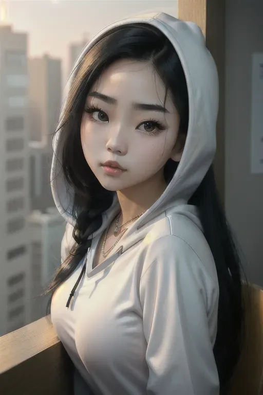 a photograph of,a korean girl,wearing hoodie,leaning against the wall,at the office,amazing breasts,five fingers per hand,fishtail hair,beautiful face,beautiful lips,black eyes,curved eyebrows,curved eyelid,pale skin,peaceful,wearing necklace,bokeh,sharp focus,cinematic lighting,surreal,professional