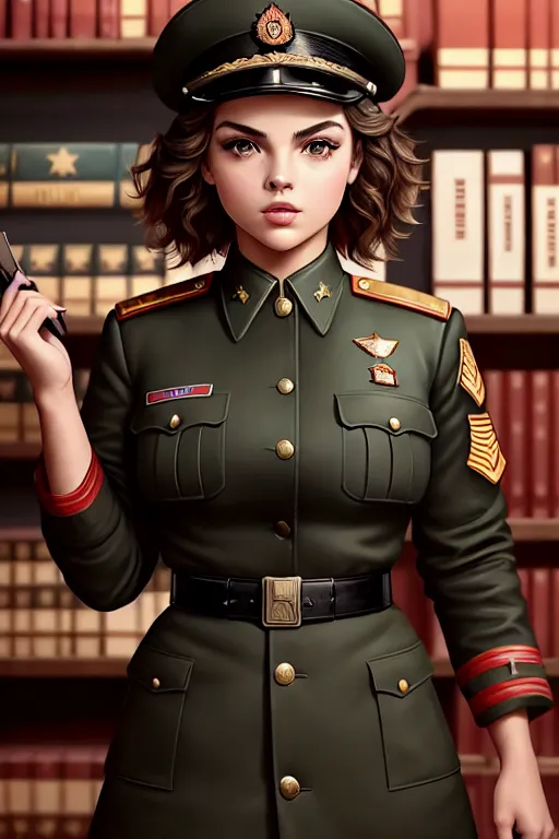a digital art of,Camren Bicondova,wearing soviet uniform,standing,at the bookstore,extremely big round beautiful breasts,five fingers per hand,fishtail hair,charming face,beautiful lips,black eyes,curved eyebrows,textured skin,joyful,tattoo,bokeh,artstation,highly detailed,surreal,smooth