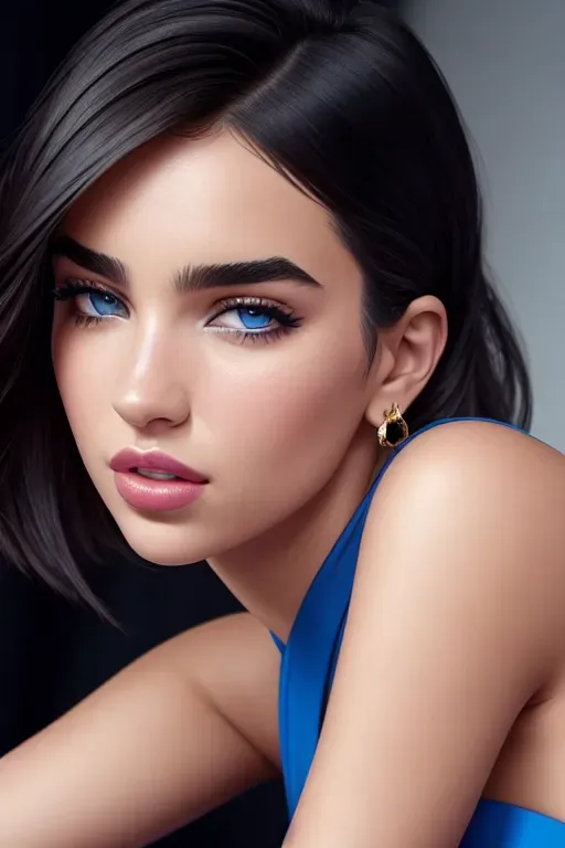 a photo shot of dua lipa, high quality photo, Detailed eyes, detailed face, 4k hd ultra,small breasts,five fingers per hand,fishtail hair,beautiful face,beautiful lips,blue eyes,curved eyebrows,smooth skin,joyful,wearing golden ring,professional,surreal,cinematic lighting,unreal engine,editorial, Ultra high res, Beautiful detailed body, ass