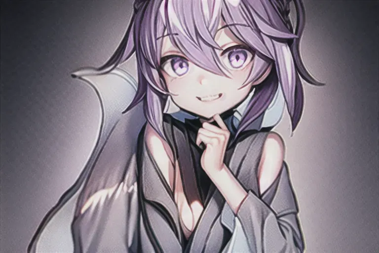 nanakusa nazuna, 1girl, bangs, bare shoulders, black nails, braid, breasts, cleavage cutout, clothing cutout, grin, groin, hair rings, hand on hip, hand up, jacket, light purple hair, long sleeves, looking at viewer, nail polish, navel, open clothes, open jacket, sleeveless, sleeveless turtleneck, sleeveless turtleneck crop top, smile, solo, turtleneck, w, <lora:dpmg_nanakusa_nazuna:1>