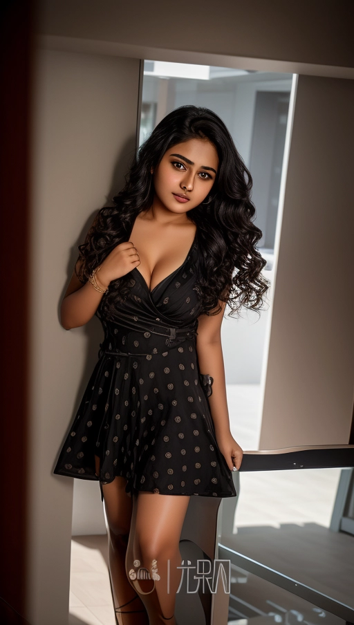 professional photograph of a 20 years old indian girl exposing deep cleavage and thick thighs,
cute face, cute eyes, realistic cute face, highly detailed cute face,
highly realistic cute face, reflective eyes, cute eyes,
(long wavy hair),
deep cleavage,
black cloths,