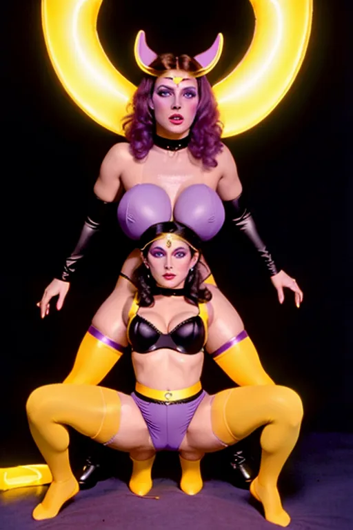 lost 80s cinema, dvd screenshot of vintage 80s dark fantasy film, vulgar pose, (small natural breasts), (((massive underwear bulge))), night elf stripper at work, purple skin, (glowing yellow eyes, facial tattoos), dancing, five fingers each hand, five toes each foot, squatting