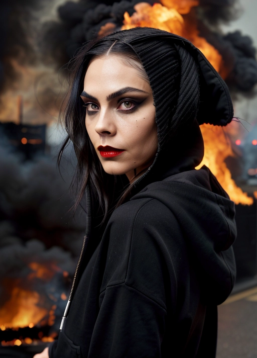 (skinny goth Cara Delevigne:1.11),
(black makeup, black eyeshadows, red lips:1.13),sideview,(focused:1.2),
(accurate face, photorealistic face,perfect face,detailed face:1.27),
serious,(in dense smoke, vivid flames and fire in background:1.3),(wearing black hoodie:1.1),
(face close up:1.25),
uncensored,
HDR, UHD, 64K,
Highly detailed,
Vivid Colors,
Studio lighting,
Professional,
Unreal engine,