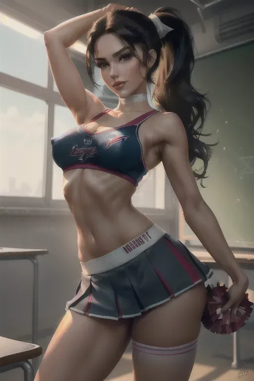 a (wide shot) concept art of single woman,(as a cheerleader),(teasing in a classroom)(Sly)(Evil grin),(wearing cheerleader uniform)(wearing a tied off shirt)(exposed midriff)(wearing knee high tube socks)()(sweaty)(wet panties), (accurate face),(pinup art), (sexy pose)(upskirt)(fondling ass and breasts)(looking down at you), (slender build)(Athletic Build)(skinny)(perfect ass), (perky breasts)(hard nipples), five slender fingers, (long SLEEK HIGH PONYTAIL CENTERED ON TOP hairstyle)(BLUNT)(BANGS), beautiful face, beautiful lips, detailed eyes, curved eyebrows, cinematic lighting, studio lighting,professional,editorial,