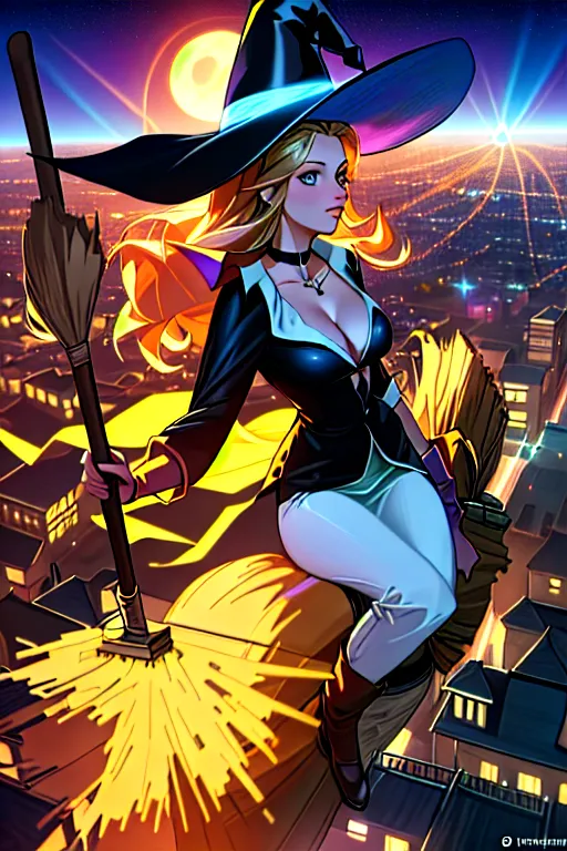 high resolution photograph, Teresa Palmer, accurate face, very low-cut blouse, black choker, as a sexy modern day witch, (((riding a broom))), (((flying over the city at night))), with an aura of magical power