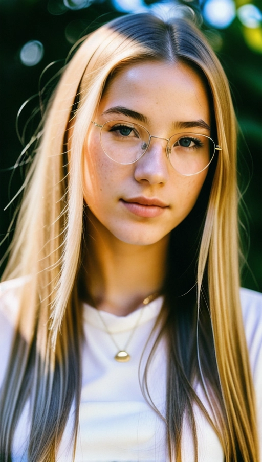 64k, raw photo, masterpiece, A slender german girl with long blonde straight Hair, long Face, long Nase, blushing, too much make up, wearing big golden Glasses, wearing tight wight pants, wearing a pink Silke blouse, shy, small waist, petit breasts,
disposable camera photograph, large film grain, high contrast, Flash photography,
perfect skin, Feminine, innocent, highly detailed facial features, faint freckles, Real perfect looking face, perfect hair, 18 years old, Natural hair, highly detailed face, mouth and eyes, high cheekbones,
looking up at the camera,
Wide-angle lens, Sliver movie, natural lighting, shot on Agfa Vista 200 --ar 9:16 --v 5
