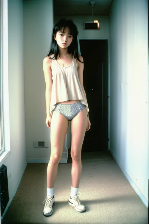 8k, raw photo, masterpiece, Street style photo, disposable camera photograph, large film grain, high contrast, Flash photography, Bad photography, Taken at night, low_light, 1990s, on a hot summer night,
A girl with imperfect skin,
Looking bored, ((legs apart))
tank-top and underwear, Disheveled, dressed casually,
Generic white-walled apartment, Grungy beige carpet,
Sliver movie, natural lighting, shot on Agfa Vista 200 --ar 9:16 --v 5