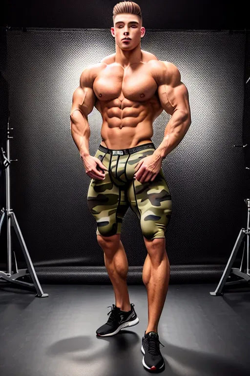 wide shot, 20 year old, a fitness model, muscular, gym outfit, camo, gym, day time, studio light, surprised, 8k, professional