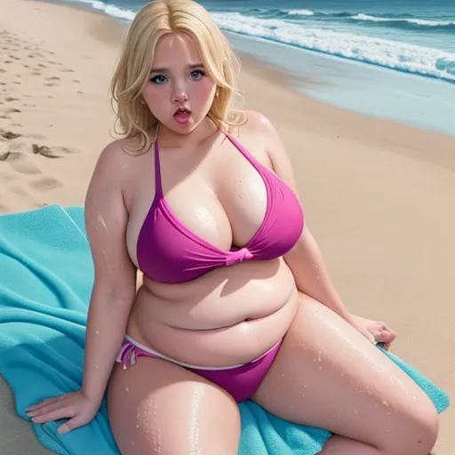 a dumb blonde fat bimbo barely covered by her bathing suit laying on a towel on the beach, fat, overweight, rolls, one piece low cut bathing suit, busting out, big lips, slutty facial expression, wet, dark hair, pulling panties to the side to expose pussy under blanket