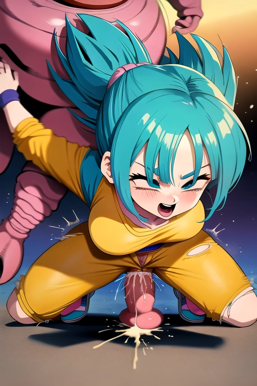 Dragon Ball style, Bulma getting fucked by an alien monster, torn clothes, grabbing, rough sex, vaginal sex, squirting cum,