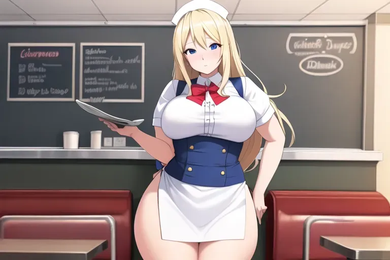 :super thicc blonde dressed up as waitress in a diner