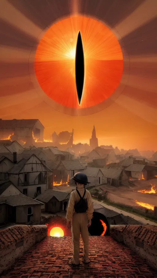 ((the sun in the sky has a thin black oval inside it)),
(The village beneath is on fire),
