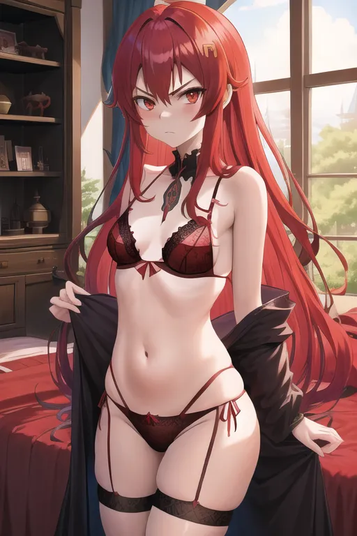 In the style of Mushoku Tensei, Jobless Reincarnation, Young, small breasts, red hair, red eyes, angry, lingerie, standing, castle, bedroom <lora:bukkake:1>