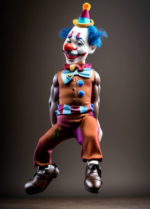 a photo realistic dancing clown ,his face is realistic,the face is anatomically correct ,his hands behind his back ,his shoes are brown ,his face is a natural skin tone ,he is not wearing white make up
