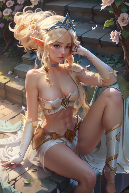 <lora:dpmg_lol_janna:1>, janna (league of legends), 1girl, elf, floating haar, blonde hair, elbow gloves, bare shoulders, sitting on stairs, solo, detailed face, looking at viewer, cowboy shot, potrait, upper body, fantasy, castle, staircase, tree, flower, falling petals, (masterpiece best quality)