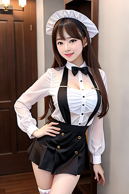 8k quality, brown eyes, pale white skin, brown hair, giant breasts, cleavage, looking at viewer, pov, long hair, wavy hair, full body photo, standing in room, smiling, black maid uniform, miniskirt, high heels, black knee high boots, black choker