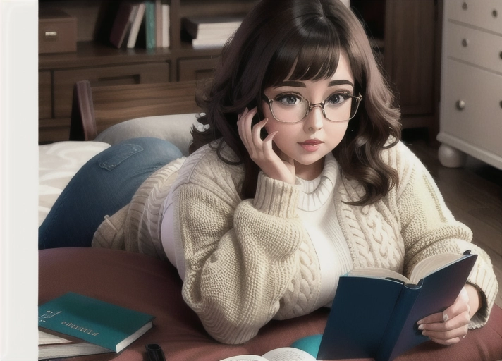 concept photo, UHD, shy nerdy girl, brunette with large square frame glasses, reading a book, wearing a puffy beige sweater, thick thighs, (((slightly chubby)))