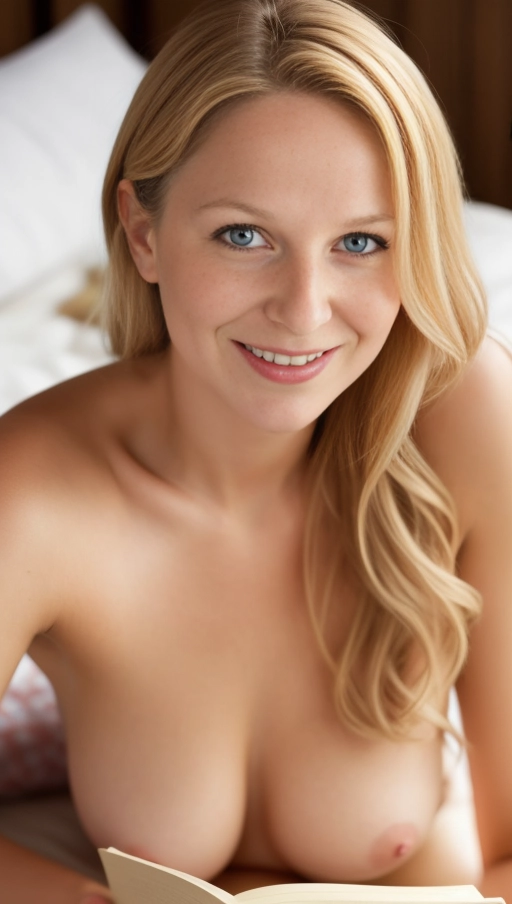 Blonde german Young woman, mid-20s, round face, blue eyes, wavy blonde hair, slender build, B cup, pajamas, naked body, relaxed, bedroom, lying on bed, reading book, cozy smile, soft morning light, fluffy pillows, warm ambiance., (((lying flat on head))), (((hard large nipples))), eyecontact, (((naked ))), few freckles, ((extreme Close up of upper body)), Marly, big nose, broad mouth, left part of face slightly broader than right part, broad smile, perfect teeth, narrow shoulders,sparkling eyes, white of her eye,natural, chubby cheeks, small freckles,light skin,portrait, flat chested, small breasts
<lora:4AVLR4y3byB_weight_sl_phrV2:-0.2>,
<lora:4AVLR4y3byB_saggy_phr2:0.15>