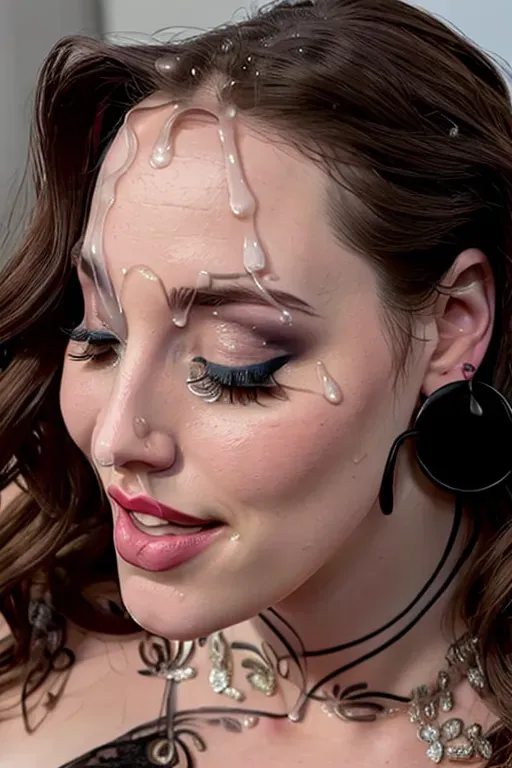 Kat Dennings, accurate facial detail, d cup breasts, dpmg_awaitingtongue_v1, dpmg_face_cum_v1, best quality nsfw, oral, dark hair, disdain, very pretty face, cum dripping face, full color, wearing black shirt