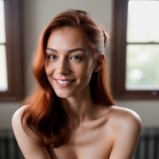 A thin gorgeous skinny girl in her late teens with light white skin, natural, no make up, natural imperfections, hazel colored eyes, (((looking into my eyes))), (lush red hair)(updo hairstyle), ((lascivious smile)), sexually aroused, sexually excited, (libidinous expression), flirting, medium natural breasts, ((trim red pubic hair)), (boudoir photo), the photo should be a half-length portrait, shallow depth of field to emphasize the subject, taken using a Canon EOS R camera with a 50mm f1.8 lens, f2.2 aperture, shutter speed 0.002s, ISO 100 and natural light, Full Body, Hyper Realistic Photography, Cinematic, Cinema, Hyperdetail, Ultrahd, Color Correction, ultrahd, hdr, color grading,