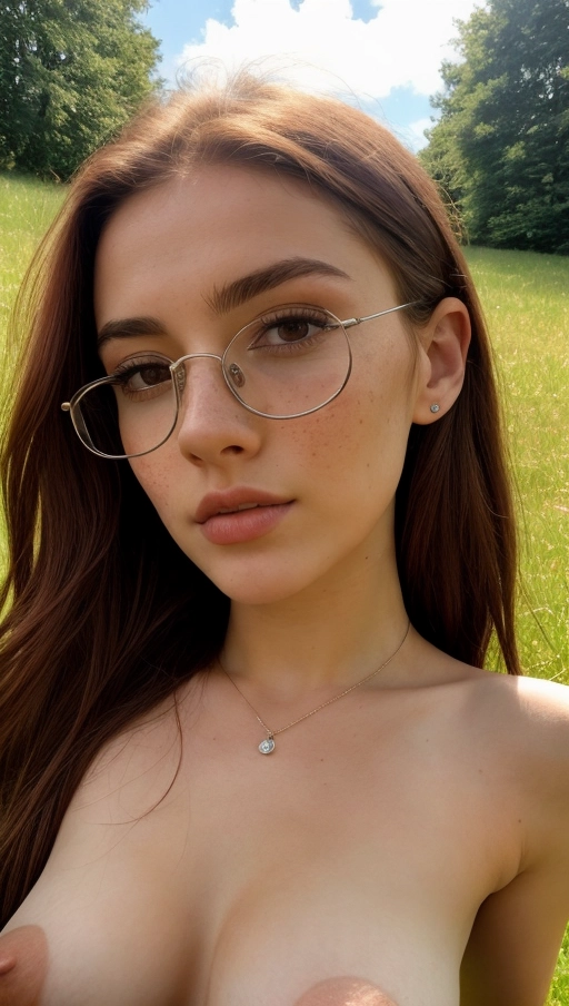 A young Czech femal student, lying on a meadow near swimming bath, reading, small, oval face, (freckles), pair of glasses, brunette hair, some red hair strands, few bluish hair strands, (very thin chest), moaning face, washing her breasts and pussy, low angle back view, eye contact,(close up),wet hair, erected tiny tits, large nipples