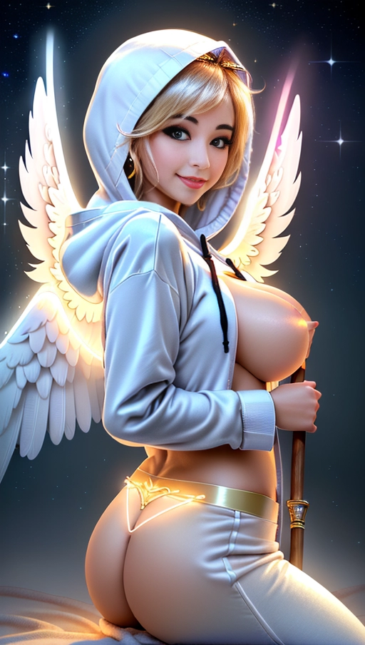 a 64k high detailed photo of Female Goddess with clothing, ((In clothing Robes))), (((In Hoodie))), HDR, Professional, Highly Detailed, ((In pants))) ((In Shirt)) ((Has Attire)) Godly Ultra Detailed Best Quality Most Detailed ((Angel Wings)) Angelic Lighting Love Hope Magic casting Smiling Queen happy Glory Warrior Angels Angelics Positivity Happiness ecstasy enraptured sweaty saving God Royalty Morality Goodness True Good Power Force Authority Ethical Saviour Halo short Hair Always and Forever Sentimental in heat hot ultra hot best best lighting tantric Neutral Brilliant Logical Compassionate Perfect Perfection Exciting Integrity Winged Courage Purity Harmony Beauty mark on upper lip ((Female)) Ethereal Lighting Celestial Lighting (((With Clothes))) ((With God Item)) ((God Tech)) (God Technology) with items of power God Wings ((Afterlife Light)) ((Perfect Tits)) ((Perfect Ass)) ((Perfect Body)) ((Perfect Anatomy)) (Love Worship) ((God Light)) ((God Staff))) ((God Weapon)) (Spirituality) (Erotic) (Pinup) (Romance) (Smiling) ((Happy expression)) ((Angelic Glow)) ((((Has Clothing On))) accessories