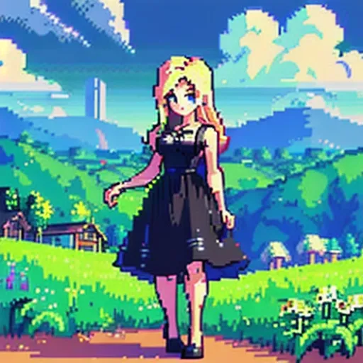 <lora:pixel_art:1>, extremely high resolution, an hdr 8 bit render in the style of stardew valley, professional, full body shot, young white woman, small breast, wearing black dress, long hair, blue eyes, no background, no other objects, clean lines, sharp outline, 2D figure, png