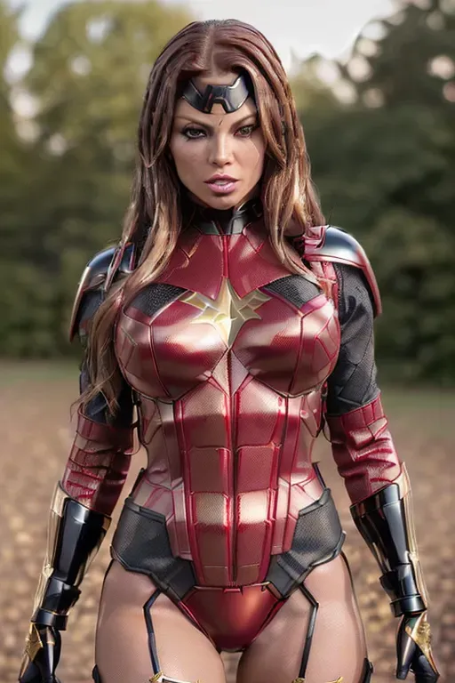 A 8k resolution photo shot of, Fergie,((((wearing detail superhero costume in dark red and black with gold armor)))),((((spreading legs and showing skin)))),(((detailed hair features))),(((detailed facial features))),(((((looking at the camera))))),((beautiful lips)),(detailed body features),(detailed arms features),(detailed thighs features),peaceful,textured skin,(((outdoor scene))),(((detailed natural lighting)))