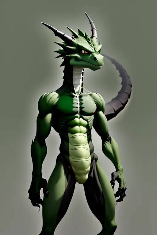 Naked, Green, with a black, stripe, down the spine, and down the body, anthropomorphic, dragon, has bright green, erect, hemipenes, from a cloaca, and green, short hair.