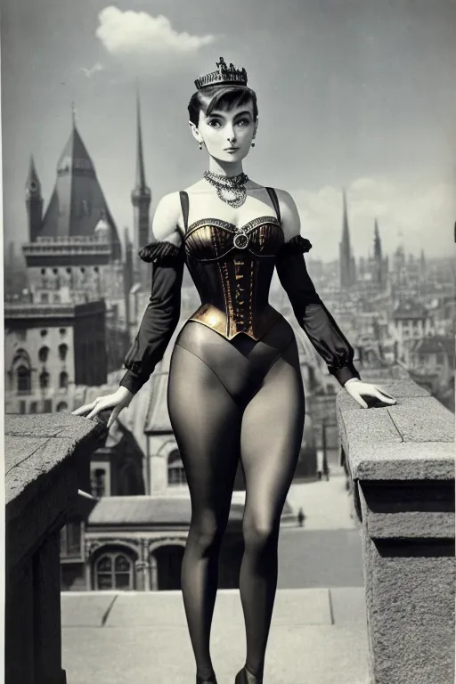 a (((colour))) photograph of Audrey Hepburn dressed as an empress, ((full body and thighs visible)) seductive, wearing crown and ((leotard)), standing in front of the ((steampunk cityscape)) , wearing necklace, five fingers per hand,raised arms, beautiful face,beautiful lips,curved eyebrows,curved eyelid,satisfaction,highly detailed,sharp focus,cgsociety,cinematic lighting,pixivS