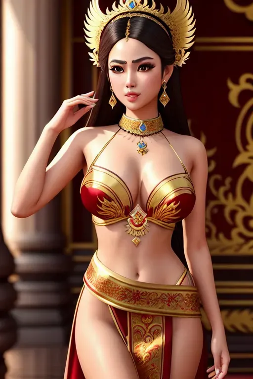 a digital concept, royal princess,open front thai costume,standing,in Thailand The Grand Palace,natural breasts,five slender fingers,silky hair,beautiful face,beautiful lips,brown eyes,curved eyebrows,smooth skin,tattoo,unreal engine,ultra realistic,pixiv,sharp focus,bokeh