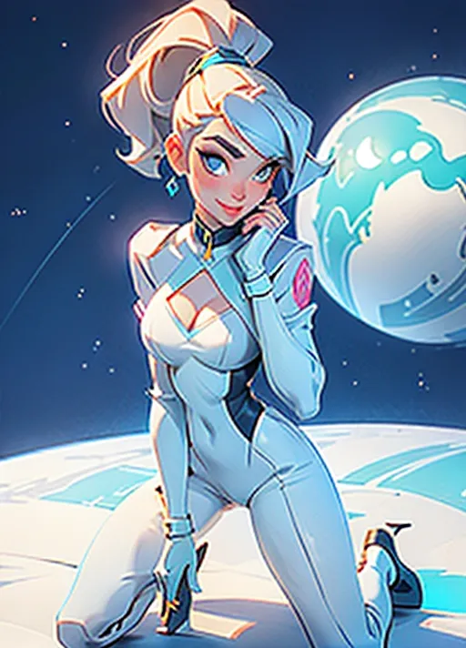 a photo shot of an erotic scene, Highly detailed image, of a gorgeous young woman, very cute, (Judy Jetson), (outfit:1.4), dynamic scene, digital photo, space age clothes, perfect legs, realistic pose, wearing high heeled boots, Kneeling on large bed, in a Futuristic bedroom, (Medium breasts), showing cleavage, five slender fingers, Platinum blonde hair, gorgeous face, beautiful lips, blue eyes, curved eyebrows, curved eyelid, textured skin, highly detailed, bokeh, cgsociety, sharp focus, artstation, sharp focus, film style, nervous, (smiling), Ponytail