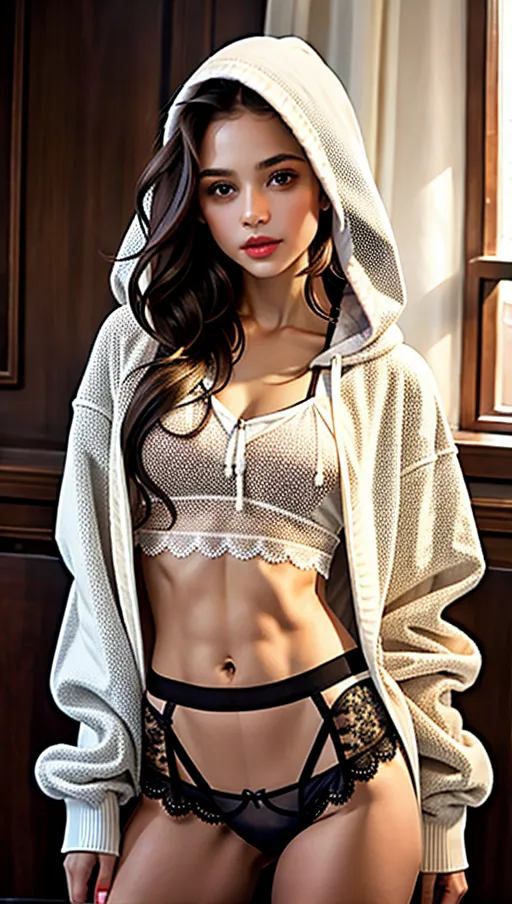 (A petite girl with long flowy hair wearing a loose cotton hoodie that shows her midriff and black lace panties),((braless)), (nipples), (looking at viewer), ultra best quality, ultra high quality, ultra high resolution, ultra high realism, ultra high realistic, ultra high masterpiece 1.2, ultra cinematic effects, ultra perfect eyes, ultra perfect teeth, ultra, perfect hands, ultimate model physique, ultra perfect accurate portrait, super ultra accurate)