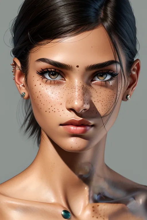 Realistic Beautiful face close up, freckles, slender tomboy, short dark spikey hair, slightly darker skin complexion, eyebrow piercing, nose ring, long face structure, natural colors,