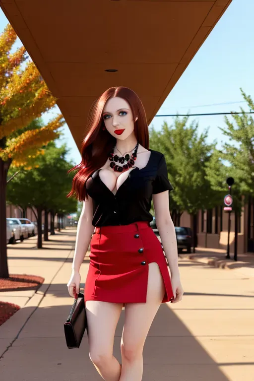 full body, chestnut hair, green eyes, short girl, red miniskirt, black high heels, looking at viewer, long hair, pale skin, black necklace, black shirt, 24 years old, big breasts, cute face, pov, wavy hair, city environment, Oklahoma City, wide eyes, erotic, skirt tug