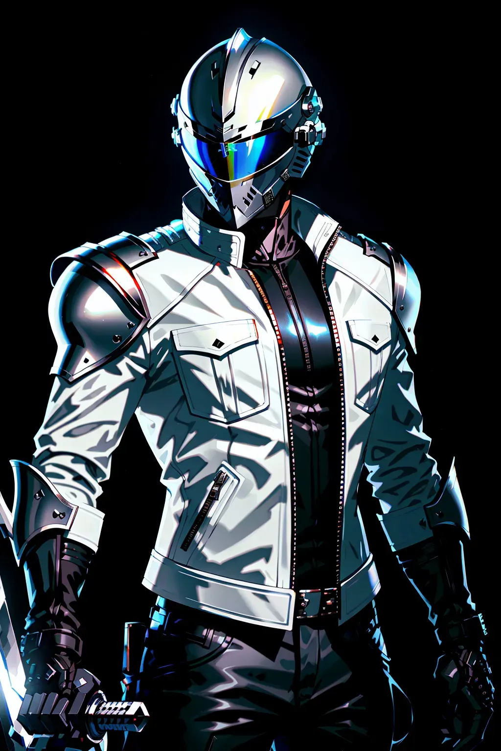 Knight, full face helmet, white leather jacket, with a sword, male, 8k wallpaper, best quality, ultra hd, global lighting, hi-resolution, high quality, highly detailed, lightning in the background,
