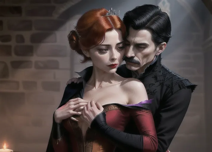 an older distinguished short black-haired masculine Dracula with very high collared cape, embracing Beautiful elegant auburn haired in a low bun Queen Anna of Arendelle portrayed by Willa Holland deeply hypnotized and enthralled, fingering recent bitemarks on her neck from behind kissing her neck. PHOTOREALISTIC.