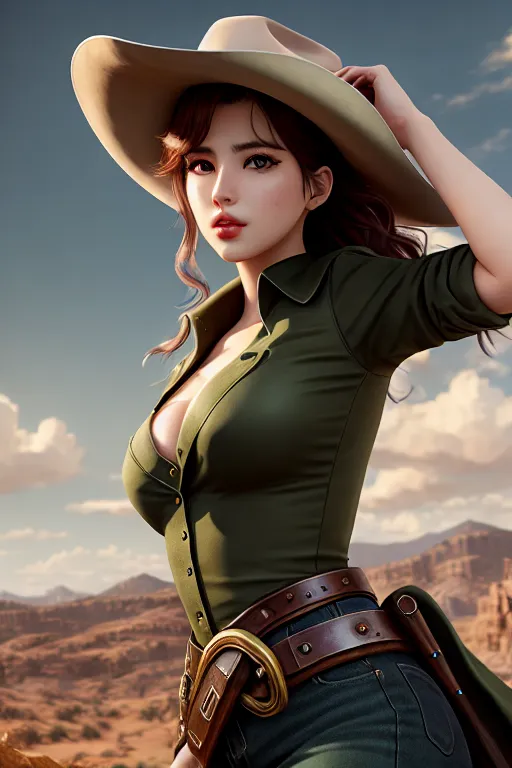 a digital painting of,bae suzy,wearing cowboy clothes,shooting from a high point,in a dystopian future,small breasts,five slender fingers,wavy curtain bang,gorgeous face,beautiful lips,green eyes,curved eyebrows,pale skin,wearing golden ring,8k,unreal engine,pixiv,bokeh,studio lighting