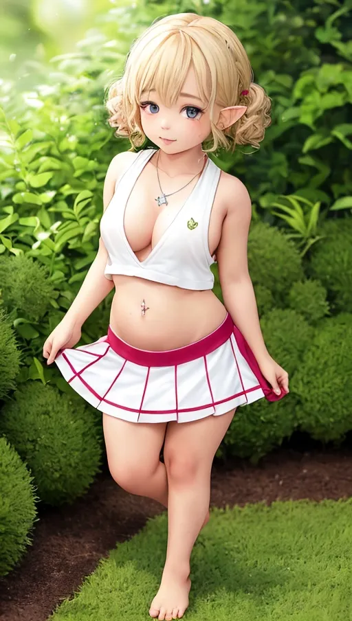 A young short loli halfling elf, wearing a field hockey uniform, perfect perky breasts, brazilian butt lift, curvy short and thick thighs, navel, pierced bellybutton with a jewel, curly neat blonde hair tied up, dainty small bare feet, cute necklace, walking in the overgrown garden