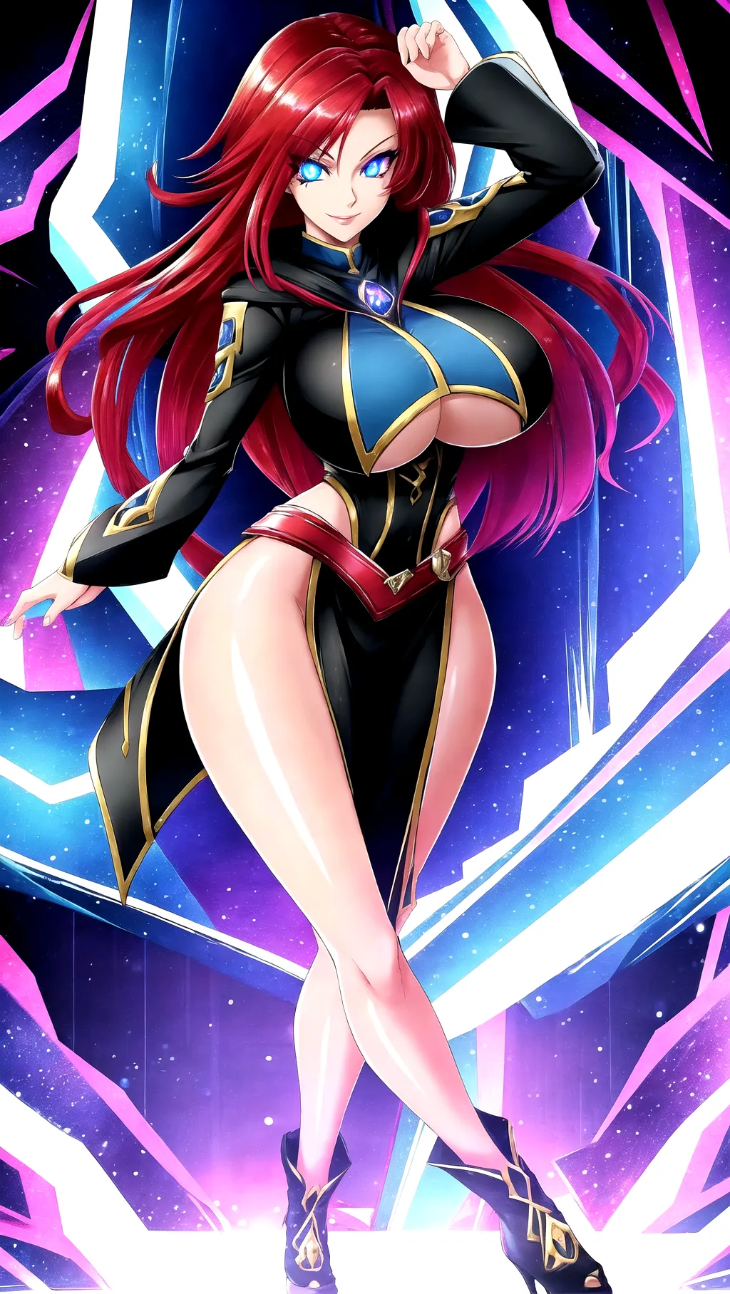 Hyper resolution, full body image, extreme details, 8K resolution, masterpiece, very high quality, ray tracing, perfect lighting, perfect shadows, solo, female focus,
A sexy witch with massive boobs and perfect red hair, wide hips, skinny waist, long legs, naughty face, modest clothing, naughty, naughty smile, long eyelashes, perfect face, perfect eyes, extreme eye details, detailed eyes, extreme face details, bright glowing eyes, ((glowing eyes)), magic eyes, symmetrical eyes,