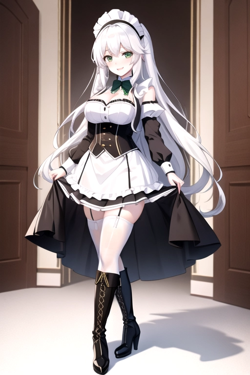 long hair, pale skin, white hair, green eyes, black choker, giant H-cup breasts, wavy hair, white maid uniform, smiling, full body photo, 28 years old, miniskirt, cleavage, high heels, corset, 8k quality, boots, in living room