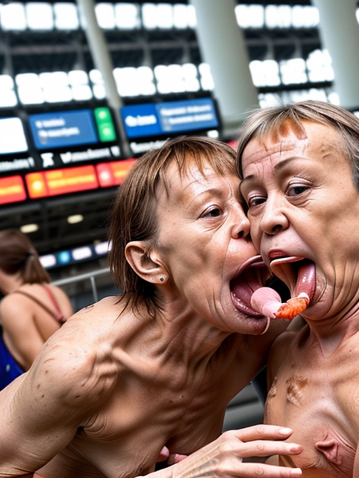 a naked middle aged lady, realistic face, is getting her (vagina licked by her girlfriend:1.5) in a crowded airport