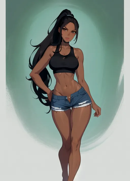 (masterpiece), absurdres, smooth, soft lines, soft edges, perfect edges, (soft lighting), (soft glow), perfect anatomy, detailed background, hair with great details, perfect eyes, perfect face, (looking at viewer), 1girl, sexy milf, forest room background, full body view,
((beautiful woman with long black hair)), flowing hair, lip gloss, full body view, lipstick, long eyelashes, standing hand on hip, serious, tall, slim, sports bra, ponytail, jean shorts,
(Black hair), brown eyes, (((very dark skin))), ((flushed cheeks)), thick thighs, erotic, ((medium breasts)), sensual, short hair, chubby belly, thick, large,