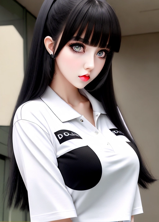 Gorgeous cute girl, simple grunge makeup, pale colored eyes, big wide doe eyes, black hair, big lips, high riding huge boobs, polo shirt, photorealistic, best quality, ultra high resolution