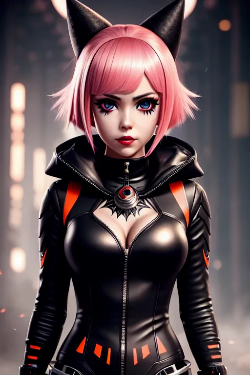 a digital art of,zero two,wearing halloween clothes,walking,in a dystopian future,five fingers per hand,bangs hairstyle,gorgeous face,beautiful lips,detailed large eyes,curved eyebrows,curved eyelid,smooth skin,joyful,tattoo,ultra realistic,professional,surreal,unreal engine,bokeh