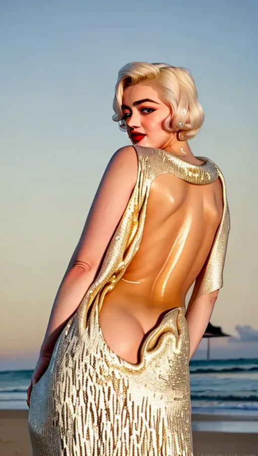a professional editorial muted color photograph of beautiful Maisie Williams, ((wearing black backless gown)),viewed from behind, looking back at viewer, ((accurate face)),((beautiful face)), flawless backside, shapely bottom, ((accurate body)), as Marilyn Monroe, , Marilyn Monroe makeup, platinum blond hair, wide shot, professional, smooth, ultra realistic, sharp focus, (((full body visible))), accurate face, perfect face, perfect makeup, perfect ruby red lips, pouting lips, platinum blond hair, perfect eyes, on a beach at golden hour, soft sunset light, soft focus, warm light