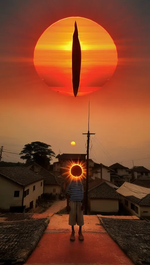 (the sun in the sky has a giant vertical pupil),
The village beneath the gigantic sunset,