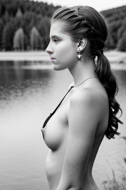 Teen girl with french braid has black and white naked senior pics taken in nature. Pictures from long distance away. C cup nice round boobs. Far away. Black stud earrings
