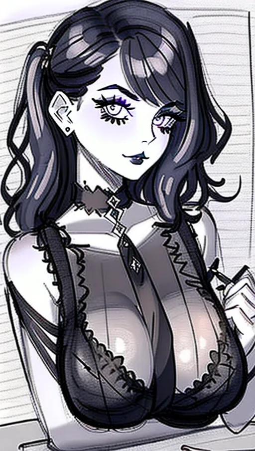 sketch of beautiful goth girl taking selfie, pencil sketch on lined paper, art, rapid pencil sketch, guide lines visible, no shading, pencil sketch of woman, pencil sketch of goth, realistic drawing, true to life, lined paper sketch,